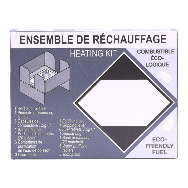 311093 BCB Ration heating kit CN3631 <big>Dit verwarmingsset is ontworpen om te worden gebruikt voor in rantsoenpakketten voor militaire en humanitaire hulp.</big> <big>De compacte rantsoenkits bevatten BCB's FireDragon milieuvriendelijke en niet-giftige brandstof.</big> <big>De brandstofcapsules van 7 g zijn gemaakt van aluminium, wat betekent dat ze kunnen worden gebruikt als kooktoestel door simpelweg het deksel eraf te halen en de milieuvriendelijke brandstof aan te steken.</big> <big>De brandstofcapsules verwarmen in minder dan 5 minuten 300 ml water van 10°C tot 55°C.</big> <big>De capsules worden geleverd met een ingenieus ontworpen opvouwbaar fornuis.</big> <big><strong>Inhoud:</strong></big> <ul> <li><big>1 x opklapbaar fornuis</big></li> <li><big>1 x grijphendel</big></li> <li><big>6 x FireDragon Fuel-tabletten</big></li> <li><big>1 x vuilniszak</big></li> <li><big>1 x zakje met 20 lucifers</big></li> <li><big>6 x waterzuiverende tabletten</big></li> <li><big>3 x tandenstokers</big></li> </ul> <big><strong>Afmetingen:</strong> 120 x 91 x 19 mm</big>