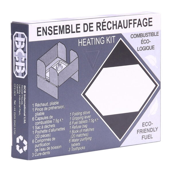 311093 BCB Ration heating kit CN3632 <big>Dit verwarmingsset is ontworpen om te worden gebruikt voor in rantsoenpakketten voor militaire en humanitaire hulp.</big> <big>De compacte rantsoenkits bevatten BCB's FireDragon milieuvriendelijke en niet-giftige brandstof.</big> <big>De brandstofcapsules van 7 g zijn gemaakt van aluminium, wat betekent dat ze kunnen worden gebruikt als kooktoestel door simpelweg het deksel eraf te halen en de milieuvriendelijke brandstof aan te steken.</big> <big>De brandstofcapsules verwarmen in minder dan 5 minuten 300 ml water van 10°C tot 55°C.</big> <big>De capsules worden geleverd met een ingenieus ontworpen opvouwbaar fornuis.</big> <big><strong>Inhoud:</strong></big> <ul> <li><big>1 x opklapbaar fornuis</big></li> <li><big>1 x grijphendel</big></li> <li><big>6 x FireDragon Fuel-tabletten</big></li> <li><big>1 x vuilniszak</big></li> <li><big>1 x zakje met 20 lucifers</big></li> <li><big>6 x waterzuiverende tabletten</big></li> <li><big>3 x tandenstokers</big></li> </ul> <big><strong>Afmetingen:</strong> 120 x 91 x 19 mm</big>