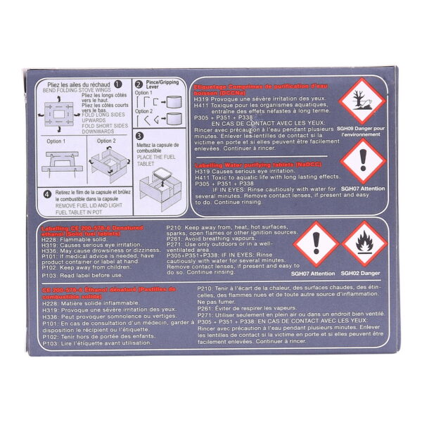 311093 BCB Ration heating kit CN3633 <big>Dit verwarmingsset is ontworpen om te worden gebruikt voor in rantsoenpakketten voor militaire en humanitaire hulp.</big> <big>De compacte rantsoenkits bevatten BCB's FireDragon milieuvriendelijke en niet-giftige brandstof.</big> <big>De brandstofcapsules van 7 g zijn gemaakt van aluminium, wat betekent dat ze kunnen worden gebruikt als kooktoestel door simpelweg het deksel eraf te halen en de milieuvriendelijke brandstof aan te steken.</big> <big>De brandstofcapsules verwarmen in minder dan 5 minuten 300 ml water van 10°C tot 55°C.</big> <big>De capsules worden geleverd met een ingenieus ontworpen opvouwbaar fornuis.</big> <big><strong>Inhoud:</strong></big> <ul> <li><big>1 x opklapbaar fornuis</big></li> <li><big>1 x grijphendel</big></li> <li><big>6 x FireDragon Fuel-tabletten</big></li> <li><big>1 x vuilniszak</big></li> <li><big>1 x zakje met 20 lucifers</big></li> <li><big>6 x waterzuiverende tabletten</big></li> <li><big>3 x tandenstokers</big></li> </ul> <big><strong>Afmetingen:</strong> 120 x 91 x 19 mm</big>