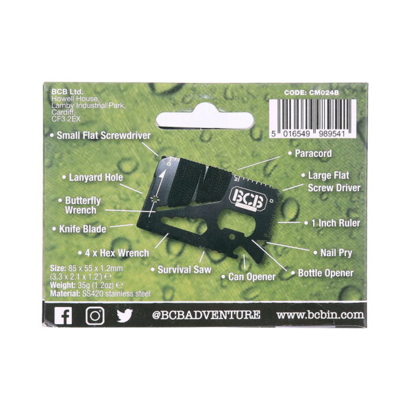 453223 BCB Pocket suvival tool CM024B2 <big>NIEUW ONTWERP - BCB Pocket Survival Tool Zwart verpakt in leren etui **</big> <big>Deze 'Pocket Survival Tool' biedt een eenvoudige en effectieve manier om jezelf op elke situatie voorbereid te houden. Dit hulpmiddel op creditcardformaat past discreet in uw zak of uw portemonnee. Een nette, handige, compacte tool met meerdere handige functies.</big> <big>Nooit meer zonder je eigen mini survival kit in één.</big> <strong>Ideaal voor:</strong> <ul> <li><big>Noodsituaties en paraatheid</big></li> <li><big>Kamperen</big></li> <li><big>Dagelijks thuisgebruik</big></li> <li><big>Tactisch</big></li> <li><big>Overleven en bushcraft</big></li> </ul> <big><strong>Opties:</strong></big> <ul> <li><big>Grote platte schroevendraaier</big></li> <li><big>1 inch liniaal</big></li> <li><big>Nagel Pry</big></li> <li><big>Flesopener</big></li> <li><big>Blikopener</big></li> <li><big>Overlevingszaag</big></li> <li><big>Paracord</big></li> <li><big>Vlindersleutel</big></li> <li><big>4 x inbussleutel</big></li> <li><big>Kleine platte schroevendraaier</big></li> <li><big>Lanyard-opening</big></li> <li><big>Lemmet</big></li> </ul>