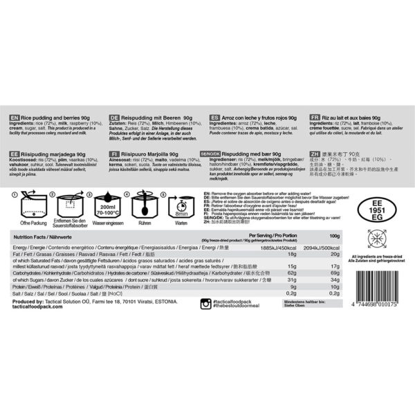 316110 Tactical Foodpack Rice pudding and berries 90g2 <big>Een heerlijk ontbijt met 10% geplette frambozen. Energierijke en zoete pap, die kracht geeft om de dag te beginnen. 100% natuurlijk, zonder conserveringsmiddelen en toevoegingen. Tactical Foodpack is het beste gevriesdroogde voedsel voor kamperen, wandelen en outdoor avonturen.</big> <big>Energie-inhoud per portie is 425 kcal.</big> <big><strong>Ingrediënten:</strong> Rijst (72%), melk, framboos (10%), room, suiker, zout. </big> <strong><big>Let op! Kan sporen van selderij, melk en mosterd bevatten.</big></strong>