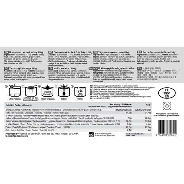 316112 Tactical Foodpack Buckwheat Pot and Turkey 110g2 <big>Een heerlijke boekweitschotel met gebakken kalkoen en zoete maïs voor een aangename smaak. Het gerecht bevat veel groenten en is rijk aan voedingsstoffen en energie. De schotel is glutenvrij. Tactical Foodpack is het beste gevriesdroogde voedsel voor kamperen, wandelen en outdoor avonturen.</big> <big>Energie-inhoud per portie is 531 kcal.</big> <big><strong>Ingrediënten:</strong> Boekweit (47%), room, kalkoendij (10%), wortelen, uien, rode peper, maïs, raapzaadolie, knoflook, specerijen, kruiden, zout. </big> <strong><big>Let op! Kan sporen van selderij, melk en mosterd bevatten.</big></strong>