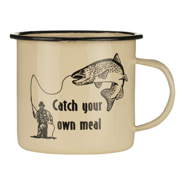 311068 Emaille mok Catch Your Own Meal <big>Hoogwaardige emaille mok Catch Your Own Meal met een volume van 500ml. De cremé kleur in combinatie met de outdoor opdruk geeft een prachtige uitstraling en past helemaal thuis in de outdoor scene. Leuk voor op de camping, in camperbusjes en tal van andere outdoor activiteiten.</big> <big><strong>Inhoud Mok:</strong> 500 ml</big>