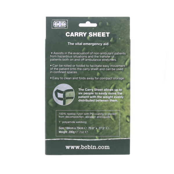 319395 BCB Vital Emergency aid carry sheet CT100S2 <big>De vitale draagtas voor noodhulp. Helpt bij de evacuatie van niet-ambulante patiënten uit gevaarlijke situaties en het verplaatsen van patiënten op en van ambulancebrancards.</big> <strong>Kenmerken:</strong> <ul> <li><big>Houdt tot 1.000 kg.</big></li> <li><big>Met het draaglaken kunnen maximaal zes personen de patiënt gemakkelijk verplaatsen met het gewicht gelijkmatig verdeeld tussen hen.</big></li> <li><big>100% ripstop nylon met PU-coating.</big></li> <li><big>Gemakkelijk schoon te maken en op te vouwen voor compacte opslag</big></li> <li><big>Kan worden opgerold of opgevouwen om de patiënt gemakkelijk op het draaglaken te kunnen verplaatsen en kan in krappe ruimtes worden gebruikt</big>.</li> </ul> <big><strong>Materiaal:</strong></big> <ul> <li><big>100% ripstop nylon met PU-coating</big></li> <li><big>1 "(2,54 cm) polyamide band</big></li> </ul> <big><strong>Afmetingen :</strong> 180 x 70 cm (70,8 x 27,5 ") ℮</big>