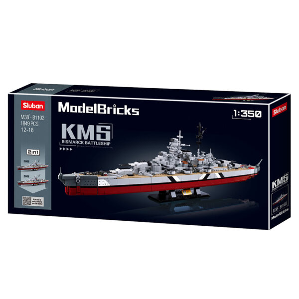 413332 Sluban Bismarck Battleship 2 in 1 M38 B1102 161643 <big>Sluban is hét merk met leger gerelateerde bouwsets. Sluban is een van de weinige aanbieders van bouwstenen die legerartikelen in haar assortiment heeft. Het voordeel van Sluban is dat het ook compatibel is met andere grote bouwsteenmerken, je hoeft je dus geen zorgen te maken dat sluban niet past op je andere bouwsteenmerken.</big> <big><strong>Inhoud set:</strong> Aantal minifiguren: 0 Aantal blokjes: 1849 Doosafmeting (BxHxD): 80,5 x 38 x 9 cm Moeilijkheidsgraad: moeilijk (vanaf 12 jaar)</big>
