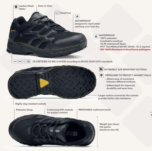 231300 SFC Carrig Low Shoes13 De Carrig Low is een onmisbare schoen tijdens lange diensturen en tactische activiteiten, zoals hikes, trektochten en militaire activiteiten. Deze schoen is ook ideaal voor de politie en beveiligingssector dankzij de unieke antislip zool waar SFC bekend om staat. De EVA-middenzool zorgt voor een perfecte demping en comfort, zodat je lang op deze schoenen kunt staan en lopen. De Carrig Low is voorzien van een uitneembare dempende binnenzool en een gepatenteerde EVA-tussenzool voor nog meer comfort en demping. Deze metaalvrije schoen heeft een warmte- en koude-isolatie en een Spillguard, waardoor de schoen beschermd is tegen chemicaliën en vloeistoffen. De duurzame waterproof combinatie van mesh en leder maken deze schoen ideaal voor alle weersomstandigheden. De SFC anti-slip zool met TripGuard zorgt voor optimale grip op snel wisselende ondergronden. De Carrig Low is CE gecertificeerd volgens EN ISO 20347:2012 standaarden en voldoet aan de eisen voor SRC CI HI ESD. Kijk op onze spec/tech sheet voor meer informatie. Kortom, de Carrig Low is de ideale uniformschoen voor iedereen die comfort, demping en grip nodig heeft tijdens lange diensten en tactische activiteiten. <a title="Maattabel" href="https://dump.dev.newagents.nl/wp-content/uploads/2023/01/231300-SFC-Carrig-Low-Shoes22.pdf" target="_blank" rel="noopener noreferrer"><button><span style="color: #ef471f; font-size: medium;"><strong>Spec/Tech sheet</strong></span></button></a>