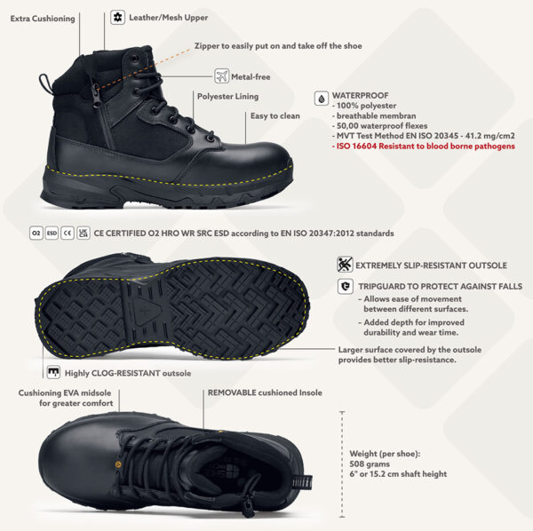 231302 SFC Defense Mid Tactical boots O2 ESD13 De Defense Mid is een must-have Tactical schoen voor lange diensturen en tactische activiteiten in meerdere werkvelden, zoals defensie, politie, outdoortrips en de securitysector. Deze schoenen bieden veel comfort dankzij de EVA-middenzool die perfecte demping biedt en de unieke antislip zool waar SFC bekend om staat. De grote oppervlakte van de buitenzool zorgt voor een betere slipweerstand op verschillende ondergronden. De Defense boots zijn geschikt voor zowel mannen als vrouwen en hebben een ritssluiting voor gemakkelijk aan- en uittrekken. Andere kenmerken zijn de waterdichte eigenschappen die ontworpen zijn om water af te stoten en uw voeten droog te houden, de uitneembare dempende binnenzool, de SFC anti-slip buitenzool met tripguard, waardoor het gemakkelijker is om te bewegen op verschillende oppervlakken/ondergronden, en de EVA-tussenzool voor comfortabele demping. Bovendien voorkomt ESD (Electro Static Discharge) dat statische elektriciteit zich ophoopt en beschermt het de drager en omliggende apparatuur. De Defense Mid is CE gecertificeerd O2 SRC volgens EN ISO 20347:2012 O2 SRC ESD-normen. Raadpleeg de spec/tech sheet voor meer informatie. <a title="Maattabel" href="https://dump.dev.newagents.nl/wp-content/uploads/2023/01/Defense-Mid-Tactical-Boots-Tech-sheet.pdf" target="_blank" rel="noopener noreferrer"><button><span style="color: #ef471f; font-size: medium;"><strong>Spec/Tech sheet</strong></span></button></a> <a title="Maattabel" href="https://dump.dev.newagents.nl/wp-content/uploads/2023/01/Defense-Mid-Tactical-Boots-CE-Certificaat.pdf" target="_blank" rel="noopener noreferrer"><button><span style="color: #ef471f; font-size: medium;"><strong>CE-Certificaat</strong></span></button></a>