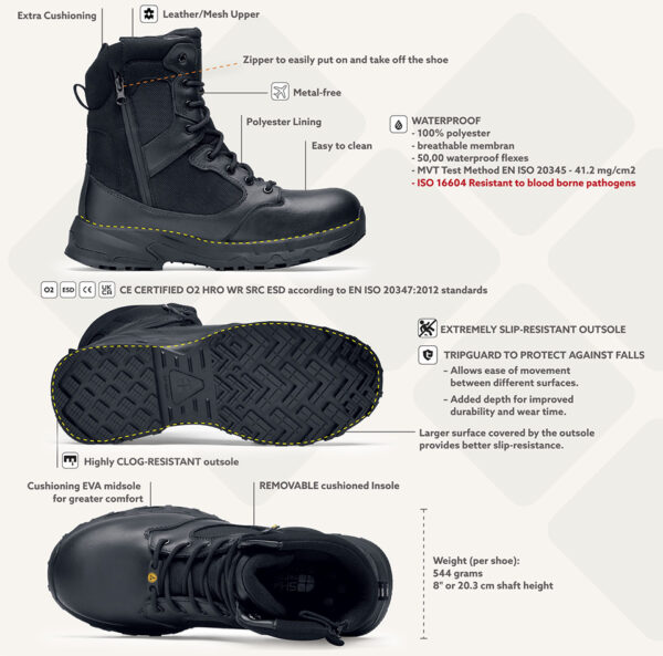 231303 SFC Defense High Tactical boots O2 ESD12 Goede schoenen zijn cruciaal voor comfort tijdens lange diensturen en tactische activiteiten. De Defense High is een veelzijdige Tactical schoen die geschikt is voor verschillende werkgebieden, zoals defensie tijdens militaire activiteiten, bij de politie, tijdens outdoortrips en in de securitysector. Deze schoen brengt veel comfort dankzij de EVA-middenzool, die zorgt voor perfecte demping. De unieke antislipzool van SFC staat bekend om zijn grip op verschillende ondergronden. Bovendien is de schoen waterdicht en ontworpen om water af te stoten, zodat je voeten droog blijven in alle omstandigheden. De Defense High heeft een ritssluiting om de schoen gemakkelijk aan en uit te trekken en een uitneembare dempende binnenzool. De SFC antislip buitenzool met tripguard zorgt voor optimale grip op snel wisselende ondergronden en de EVA-tussenzool biedt extra comfortabele demping. Deze schoenen zijn geschikt voor zowel mannen als vrouwen en bieden ook ESD-bescherming. Dit betekent dat de schoenen statische elektrische lading voorkomen door snelle ontlading van statische elektriciteit. De lage weerstand van de schoenen zorgt ervoor dat de drager zichzelf niet (op)laadt, waardoor hij/zij zichzelf en omliggende apparatuur beschermt. De Defense High is CE-gecertificeerd O2 SRC volgens EN ISO 20347:2012 normen en voldoet aan alle vereisten voor professionele werkschoenen. Voor meer informatie over de specificaties en technische details van deze schoen, raadpleeg de spec/tech sheet. <a title="Maattabel" href="https://dump.dev.newagents.nl/wp-content/uploads/2023/01/231303-SFC-Defense-High-Tactical-boots-O2-ESD-spec-tech-sheet.pdf" target="_blank" rel="noopener noreferrer"><button><span style="color: #ef471f; font-size: medium;"><strong>Spec/Tech sheet</strong></span></button></a> <a title="Maattabel" href="https://dump.dev.newagents.nl/wp-content/uploads/2023/01/231303-SFC-Defense-High-Tactical-boots-O2-ESD-CE-certificaat.pdf" target="_blank" rel="noopener noreferrer"><button><span style="color: #ef471f; font-size: medium;"><strong>CE-Certificaat</strong></span></button></a>