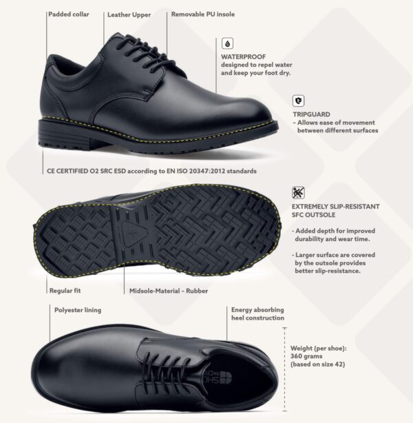231304 SFC Cambridge GL Security Shoes O2 ESD9 De Cambridge schoen is een must-have tijdens lange diensturen en beveiligingsactiviteiten. Deze nette schoen is toepasbaar in verschillende werkvelden en perfect voor de beveiligings- en security sector, maar ook voor een managersfunctie in een horecagelegenheid. De Cambridge is een solide schoen die voorzien is van de bekende SFC unieke antislip zool. De grotere oppervlakte van de buitenzool zorgt voor een betere slipweerstand en de schoen is voorzien van een stalen cambreur. De Cambridge schoen is CE-gecertificeerd en voldoet aan de OB, E, en SRC normen volgens de EN ISO 20347:2012 standaarden. De schoen heeft uitneembare opgevulde binnenzolen en een opgevulde comfort-rand, waardoor ze comfortabel zitten tijdens lange diensturen. Bovendien is de schoen gemakkelijk schoon te maken en heeft hij een duurzame lederen bovenkant. De 360° met stiksel versterkte buitenzool zorgt voor extra stevigheid en duurzaamheid. Kortom, de Cambridge schoen is een hoogwaardige schoen die geschikt is voor verschillende werkvelden en die u de hele dag door comfortabel zal dragen. Bekijk de spec/tech sheet voor nog meer informatie en bestel nu bij deDump.nl! <a title="Maattabel" href="https://dump.dev.newagents.nl/wp-content/uploads/2023/01/231304-SFC-Cambridge-GL-Security-Shoes-O2-ESD22.pdf" target="_blank" rel="noopener noreferrer"><button><span style="color: #ef471f; font-size: medium;"><strong>Spec/Tech sheet</strong></span></button></a> <a title="Maattabel" href="https://dump.dev.newagents.nl/wp-content/uploads/2023/01/231304-SFC-Cambridge-GL-Security-Shoes-O2-ESD23.pdf" target="_blank" rel="noopener noreferrer"><button><span style="color: #ef471f; font-size: medium;"><strong>CE-Certificaat</strong></span></button></a>
