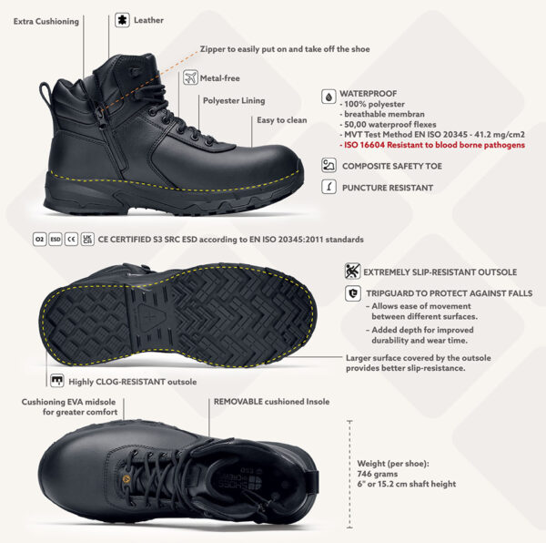 231305 SFC Guard Mid Safety Boots S313 De Guard Mid veiligheidsschoen is een must-have voor lange diensturen en beveiligingsactiviteiten. Deze S3 veiligheidsschoen is geschikt voor diverse werkterreinen, zoals de beveiligingssector, magazijnwerk, transportsector en bouw. De schoen biedt veel comfort dankzij de EVA-middenzool die zorgt voor perfecte demping en een unieke antislipzool voor betere slipweerstand. De schoenen hebben een ritsluiting voor gemakkelijk aan- en uittrekken en zijn waterdicht ontworpen om uw voeten droog te houden. Ze zijn uitgerust met een uitneembare dempende binnenzool en hebben een SFC antislip buitenzool met Tripguard, wat het mogelijk maakt om gemakkelijk te bewegen op verschillende oppervlakken. De schoenen zijn geschikt voor zowel mannen als vrouwen en zijn ESD (Electro Static Discharge) gecertificeerd. De schoenen voorkomen statische elektrische lading door snelle ontlading van statische elektriciteit. Door de lage weerstand van de schoenen zal de drager zichzelf niet (op)laden. Dit beschermt jezelf en omliggende apparatuur. De schoenen zijn CE-gecertificeerd volgens EN ISO 20345:2011 S3 SRC ESD normen. Raadpleeg de spec/tech sheet voor meer informatie. <a title="Maattabel" href="https://dump.dev.newagents.nl/wp-content/uploads/2023/01/231305-SFC-Guard-Mid-Safety-Boots-S3-spec-tech-sheet.pdf" target="_blank" rel="noopener noreferrer"><button><span style="color: #ef471f; font-size: medium;"><strong>Spec/Tech sheet</strong></span></button></a> <a title="Maattabel" href="https://dump.dev.newagents.nl/wp-content/uploads/2023/01/231305-SFC-Guard-Mid-Safety-Boots-S3-CE-certificaat.pdf" target="_blank" rel="noopener noreferrer"><button><span style="color: #ef471f; font-size: medium;"><strong>CE-Certificaat</strong></span></button></a>