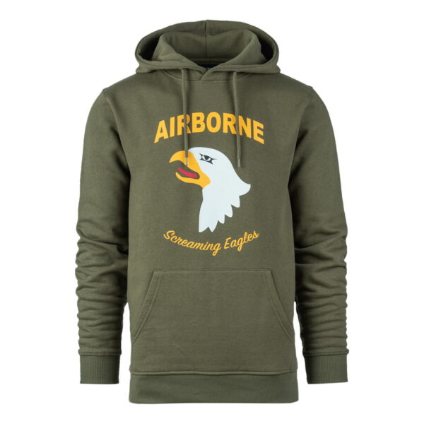 131387 Hoodie 101st Airborne Eagle <big>Comfortabele hoodie Groen gemaakt van 60% katoen en 40% polyester. Deze hoodie is een basic item wat zowel door mannen als vrouwen kan worden gedragen. De hoodie kan gedragen worden voor als werktrui maar ook casual op een spijkerbroek.</big> <big>De hoodie is voorzien van een screaming eagle print. De screaming eagle is bekend van de 101st Airborne Divisie. Deze infanteriedivisie van het Amerikaanse leger is ingezet bij de Tweede Wereldoorlog, de Vietnam- oorlog en de oorlogen van Irak en Afghanistan</big> <big><strong>Kenmerken:</strong></big> <ul> <li><big>Aangename stevige stof en met zachte opgeruwde binnenkant</big></li> <li><big>​Capuchon met koord</big></li> <li><big>​Opgenaaide kangoeroezak voorop</big></li> <li><big>Stofdikte 320 g/m²</big></li> </ul>