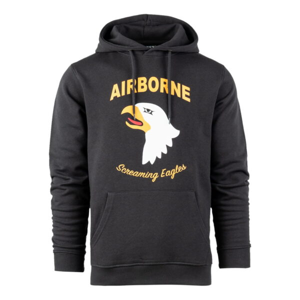 131387 Hoodie 101st Airborne Eagle9 <big>Comfortabele hoodie Dark Grey gemaakt van 60% katoen en 40% polyester. Deze hoodie is een basic item wat zowel door mannen als vrouwen kan worden gedragen. De hoodie kan gedragen worden voor als werktrui maar ook casual op een spijkerbroek.</big> <big>De hoodie is voorzien van een screaming eagle print. De screaming eagle is bekend van de 101st Airborne Divisie. Deze infanteriedivisie van het Amerikaanse leger is ingezet bij de Tweede Wereldoorlog, de Vietnam- oorlog en de oorlogen van Irak en Afghanistan</big> <big><strong>Kenmerken:</strong></big> <ul> <li><big>Aangename stevige stof en met zachte opgeruwde binnenkant</big></li> <li><big>​Capuchon met koord</big></li> <li><big>​Opgenaaide kangoeroezak voorop</big></li> <li><big>Stofdikte 320 g/m²</big></li> </ul>