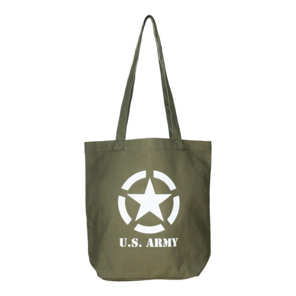 353701 Canvas draagtas U.S. Army <big>Stoere en praktische canvas tas. Daarnaast is de tas ook nog is fashionable. De tas is lichtgewicht en opvouwbaar. Je kan de tas overal voor gebruiken denk aan bijvoorbeeld als boodschappentas, sporttas of strandtas. Ideaal voor dagelijks gebruik!</big> <big>De canvas tas is voorzien van 2 stevige schouderbanden. Op de canvas tas staat het logo van de US Army dit is één van de strijdkrachten van de Verenigde Staten.</big> <big><strong>Kenmerken:</strong></big> <big>·         Canvas stof</big> <big>·         Afmeting: 35 x 13 x 35 cm </big> <big>·         Gemakkelijk mee te nemen</big> <big>·         Opvouwbaar</big> <big>·         WWII opdruk</big>