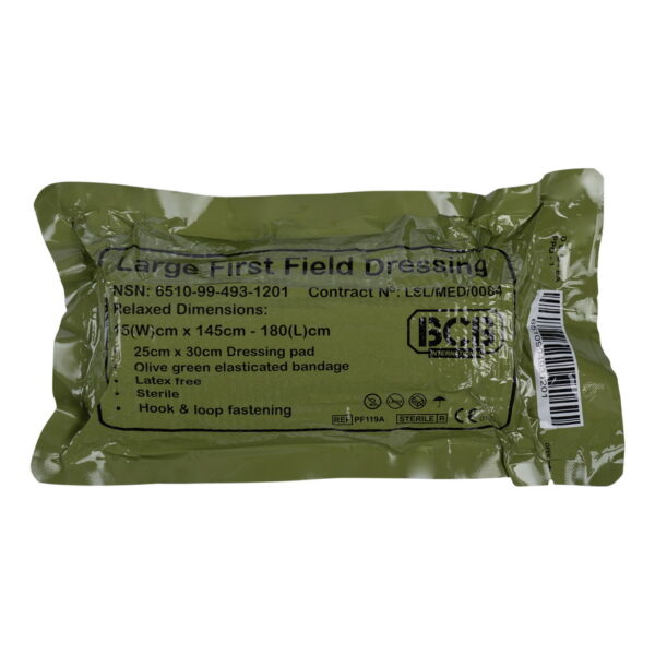 469447 BCB Combat eerste veldverband PF119A <big><strong>Kenmerken:</strong> Totale omvang van het verband uitgerekt: 3.5m Verpakkingsgrootte: 11 x 21 cm Latexvrij Vacuüm verzegeld Waterdicht verpakt Gemakkelijk te scheuren verpakking (inkepingen) Steriel Groen/Olijfgroen verband CE-gemarkeerd</big> <big>Gebruiksaanwijzing (afbeeldingen op achterzijde verpakking):</big> <ul> <li><big>Breng het witte kompres aan op de wond</big></li> <li><big>Raak het witte kompres niet aan</big></li> <li><big>Wikkel het elastische verband strak om het ledemaat of lichaamsdeel</big></li> <li><big>Maak de uiteinden van de sluitstrip vast in het verband.</big></li> </ul>