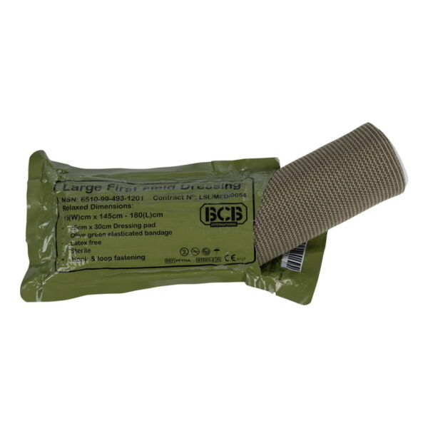 469447 BCB Combat eerste veldverband PF119A1 <big><strong>Kenmerken:</strong> Totale omvang van het verband uitgerekt: 3.5m Verpakkingsgrootte: 11 x 21 cm Latexvrij Vacuüm verzegeld Waterdicht verpakt Gemakkelijk te scheuren verpakking (inkepingen) Steriel Groen/Olijfgroen verband CE-gemarkeerd</big> <big>Gebruiksaanwijzing (afbeeldingen op achterzijde verpakking):</big> <ul> <li><big>Breng het witte kompres aan op de wond</big></li> <li><big>Raak het witte kompres niet aan</big></li> <li><big>Wikkel het elastische verband strak om het ledemaat of lichaamsdeel</big></li> <li><big>Maak de uiteinden van de sluitstrip vast in het verband.</big></li> </ul>