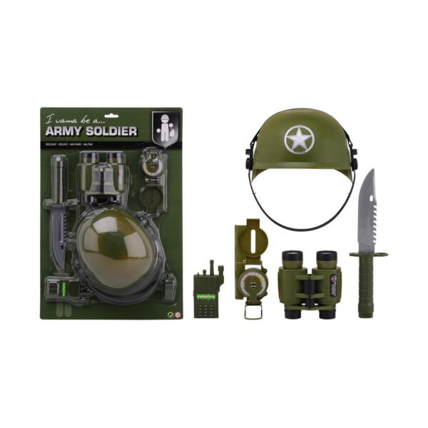412225 Speelgoed set Army Forces op kaart met helm De Speelgoed set Army Forces met helm, walkie talkie, kompas, verrekijker en mes is de droom van elk jong avonturier. Deze set biedt kinderen alles wat ze nodig hebben om in de huid te kruipen van een moedige soldaat, ontdekkingsreiziger of geheim agent. De set bevat een realistische helm voor een authentieke look en veilig speelplezier. Met de walkie talkie kunnen kinderen geheime berichten verzenden en ontvangen, terwijl het kompas hen op het juiste pad houdt tijdens hun avonturen. De verrekijker helpt bij het speuren naar verre doelen, terwijl het speelgoedmes van plastic veiligheid biedt voor allerlei situaties. Deze speelgoedset is ideaal voor zowel binnen- als buitenspellen, waardoor kinderen hun verbeelding de vrije loop kunnen laten, teamwork kunnen oefenen en zich onderdompelen in spannende scenario's. Of het nu gaat om het verkennen van de wildernis in de achtertuin, het spelen van reddingsmissies of gewoon het beleven van avonturen in de woonkamer, deze Speelgoed set Army Forces is de perfecte metgezel voor kinderen die houden van spelen en ontdekken. Bestel vandaag nog en geef kinderen de kans om hun eigen heldhaftige verhalen te creëren en te spelen.