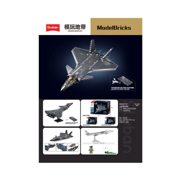 413344 Sluban J20SS Stealth Aircraft M Coat. Vers. M38 B1187 161366 De Sluban J20SS Stealth Aircraft M Coat Vers. M38-B1187 #16136 is een waar kunstwerk voor liefhebbers van geavanceerde luchtmachttechnologie en creatieve bouwkunst. Sluban staat bekend om zijn hoogwaardige bouwsets met militaire thema's, en deze set is een meesterwerk. Met in totaal 953 bouwstenen en 1 minifiguur biedt deze set niet alleen een boeiende bouwervaring, maar ook een kans om een van 's werelds meest geavanceerde stealth-vliegtuigen te creëren. Het resultaat is een verbluffende J20SS Stealth Aircraft, klaar om de lucht in te gaan voor spannende militaire missies. Een van de voordelen van Sluban is de compatibiliteit van hun bouwstenen met andere grote bouwsteenmerken, waardoor je de vrijheid hebt om sets te combineren en je eigen militaire wereld te bouwen. De doosafmetingen zijn 38 x 33 x 14,5 cm, en de moeilijkheidsgraad wordt als gemiddeld beoordeeld, geschikt voor bouwers vanaf 12 jaar en ouder. Of je nu een doorgewinterde bouwer bent of gewoon op zoek bent naar een uitdagende bouwervaring, de Sluban J20SS Stealth Aircraft M Coat biedt een ongeëvenaarde combinatie van creativiteit en militaire precisie. Laat je verbeelding de vrije loop en maak deel uit van de luchtvaartgeschiedenis met Sluban. <strong>Inhoud set:</strong> Aantal minifiguren: 1 Aantal blokjes: 953 Doosafmeting (BxHxD): 38 x 33 x 14,5 cm Moeilijkheidsgraad: gemiddeld (vanaf 12 jaar)