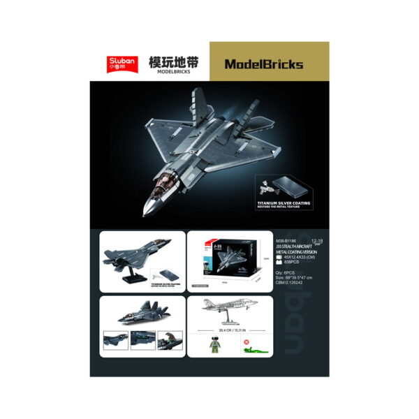 413345 Sluban J 35S Stealth Aircraft M Coat. Vers. M38 B1186 161776 De Sluban J-35S Stealth Aircraft M Coat Vers. M38-B1186 #16177 is een verbluffende bouwset voor enthousiastelingen van geavanceerde luchtmachttechnologie en creatieve bouwkunst. Sluban staat bekend om zijn hoogwaardige bouwsets met militaire thema's, en deze set is een waar meesterwerk. Met in totaal 812 bouwstenen en 1 minifiguur biedt deze set niet alleen een boeiende bouwervaring, maar ook de mogelijkheid om een van 's werelds meest geavanceerde stealth-vliegtuigen te creëren. Het resultaat is een gedetailleerde J-35S Stealth Aircraft, gereed om het luchtruim te doorkruisen voor spannende militaire missies. Een van de voordelen van Sluban is de compatibiliteit van hun bouwstenen met andere grote bouwsteenmerken, waardoor je de vrijheid hebt om sets te combineren en je eigen militaire wereld te bouwen. De doosafmetingen zijn 38 x 33 x 14,5 cm, en de moeilijkheidsgraad wordt als gemiddeld beoordeeld, geschikt voor bouwers vanaf 12 jaar en ouder. Of je nu een doorgewinterde bouwer bent of gewoon op zoek bent naar een uitdagende bouwervaring, de Sluban J-35S Stealth Aircraft M Coat biedt een ongeëvenaarde combinatie van creativiteit en militaire precisie. Laat je verbeelding de vrije loop en maak deel uit van de luchtvaartgeschiedenis met Sluban. <strong>Inhoud set:</strong> Aantal minifiguren: 1 Aantal blokjes: 812 Doosafmeting (BxHxD): 38 x 33 x 14,5 cm Moeilijkheidsgraad: gemiddeld (vanaf 12 jaar)