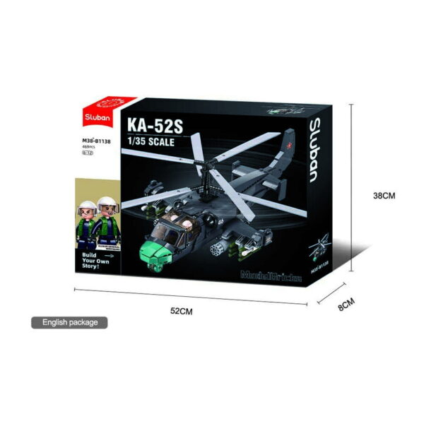 413346 Sluban KA 52S Gunship M38 B1138 161626 De Sluban KA-52S Gunship M38-B1138 #16162 is een meesterwerk voor enthousiastelingen van militaire luchtvaart en creatieve bouwkunst. Sluban staat bekend om zijn uitstekende bouwsets met legerthema, en deze set is een prachtig voorbeeld. Met een totaal van 913 bouwstenen en 2 minifiguren biedt deze set niet alleen een boeiende bouwervaring, maar ook talloze mogelijkheden voor fantasierijk spelen. Het resultaat is een verbluffende KA-52S Gunship, gereed om het luchtruim te doorkruisen voor spannende militaire missies. Een van de voordelen van Sluban is de compatibiliteit van hun bouwstenen met andere grote bouwsteenmerken, waardoor je de vrijheid hebt om sets te combineren en je eigen militaire universum te creëren. De doosafmetingen zijn 52 x 38 x 8 cm, en de moeilijkheidsgraad wordt als gemiddeld beoordeeld, geschikt voor bouwers vanaf 12 jaar en ouder. Of je nu een doorgewinterde bouwer bent of gewoon op zoek bent naar een boeiende bouwervaring, de Sluban KA-52S Gunship biedt een uitstekende balans tussen creativiteit en militaire actie. Laat je verbeelding de vrije loop en stort je in een wereld van avontuur met Sluban. <strong>Inhoud set:</strong> Aantal minifiguren: 2 Aantal blokjes: 913 Doosafmeting (BxHxD): 52 x 38 x 8 cm Moeilijkheidsgraad: gemiddeld (vanaf 12 jaar)