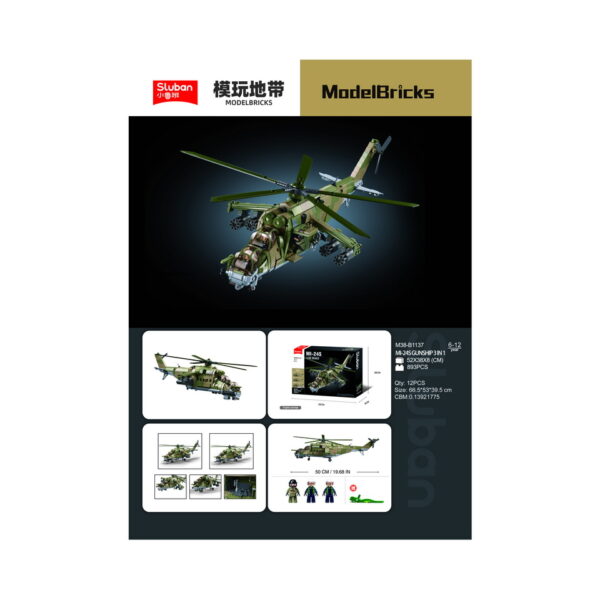 413347 Sluban MI 24S Gunship M38 B1137 160725 De Sluban MI-24S Gunship M38-B1137 #16072 is een prachtige bouwset voor liefhebbers van militaire luchtvaart en creatief bouwen. Sluban staat bekend om zijn hoogwaardige bouwsets met legerthema, en deze set stelt niet teleur. Met een totaal van 893 bouwstenen en 3 minifiguren biedt deze set een boeiende bouwervaring en talloze mogelijkheden voor fantasierijk spelen. Het eindresultaat is een indrukwekkende MI-24S Gunship, klaar om de lucht in te gaan voor spannende militaire missies. Een van de geweldige voordelen van Sluban is dat hun bouwstenen compatibel zijn met andere grote bouwsteenmerken, waardoor je creatieve vrijheid hebt bij het combineren van sets en het creëren van je eigen militaire wereld. De doosafmetingen zijn 52 x 38 x 8 cm, en de moeilijkheidsgraad wordt beoordeeld als gemiddeld, geschikt voor bouwers vanaf 12 jaar en ouder. Of je nu een ervaren bouwer bent of gewoon op zoek bent naar een boeiende bouwervaring, de Sluban MI-24S Gunship biedt de perfecte balans tussen creativiteit en militaire actie. Verken de lucht met Sluban en beleef eindeloze avonturen. <strong>Inhoud set:</strong> Aantal minifiguren: 3 Aantal blokjes: 893 Doosafmeting (BxHxD): 52 x 38 x 8 cm Moeilijkheidsgraad: gemiddeld (vanaf 12 jaar)