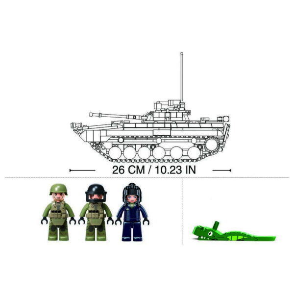 413348 Sluban Infantery fighting vehicle M38 B1136 161803 De Sluban Infantry Fighting Vehicle M38-B1136 #16180 is een geweldige bouwset voor liefhebbers van legergerelateerde constructies en creatief bouwen. Sluban is een merk dat bekend staat om zijn hoogwaardige bouwsets met militaire thema's, en deze set is geen uitzondering. Met in totaal 738 bouwstenen en 3 minifiguren biedt deze set urenlang bouwplezier en creatieve uitdagingen. Het resultaat is een indrukwekkende Infantry Fighting Vehicle, klaar voor fictieve militaire missies en avonturen. Een van de voordelen van Sluban is dat hun bouwstenen compatibel zijn met andere grote bouwsteenmerken, dus je kunt je fantasie de vrije loop laten en je eigen creaties maken zonder beperkingen. De doosafmetingen zijn 52 x 33 x 6,7 cm, en de moeilijkheidsgraad wordt beoordeeld als gemiddeld, geschikt voor bouwers vanaf 12 jaar en ouder. Of je nu een enthousiaste bouwer bent of een verzamelaar van militaire thema's, de Sluban Infantry Fighting Vehicle biedt een geweldige bouwervaring en een prachtig stuk om tentoon te stellen. Betreed de wereld van creatieve bouw met Sluban en bouw je eigen legeravonturen. <strong>Inhoud set:</strong> Aantal minifiguren: 3 Aantal blokjes: 738 Doosafmeting (BxHxD): 52 x 33 x 6,7 cm Moeilijkheidsgraad: gemiddeld (vanaf 12 jaar)