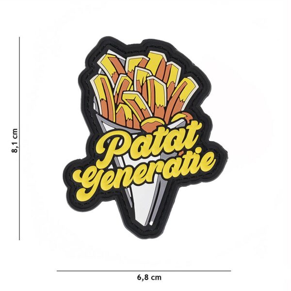 Embleem 3D PVC Patat generatie 10038 Het Embleem 3D PVC Patat Generatie #10038 is een humoristische en stijlvolle toevoeging aan je kleding of uitrusting. Gemaakt van duurzaam PVC met klittenband voor eenvoudige bevestiging.