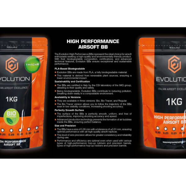 Evolution 020g High Performance BBs Bio 1kg zak5 De Evolution 0,20g High Performance BBs Bio bieden een ongeëvenaarde combinatie van prestaties en milieuvriendelijkheid, speciaal ontworpen voor de veeleisende airsoft-enthousiast. Deze BBs zijn vervaardigd uit PLA, een biologisch afbreekbaar materiaal afkomstig van hernieuwbare plantaardige bronnen, wat zorgt voor een lagere milieu-impact en een duurzamer spel. Met een maat van 5,95 mm en een nauwkeurigheidstolerantie van ±0,01 mm, zijn deze BBs perfect voor gebruik met hoogwaardige airsoft replica's. De gladde, uniforme oppervlakte van de BBs draagt bij aan verbeterde schietnauwkeurigheid en consistentie, terwijl geavanceerde productietechnologie luchtbellen voorkomt, waardoor een perfecte balans wordt gegarandeerd. Deze BBs zijn gecertificeerd in Italië door het CSI-laboratorium van de IMQ-groep, wat hun hoge kwaliteit en veiligheid bevestigt. Dankzij hun biologisch afbreekbare samenstelling breken Evolution BBs gemakkelijk af in composteerbare omgevingen, wat helpt om vervuiling te verminderen. &nbsp;