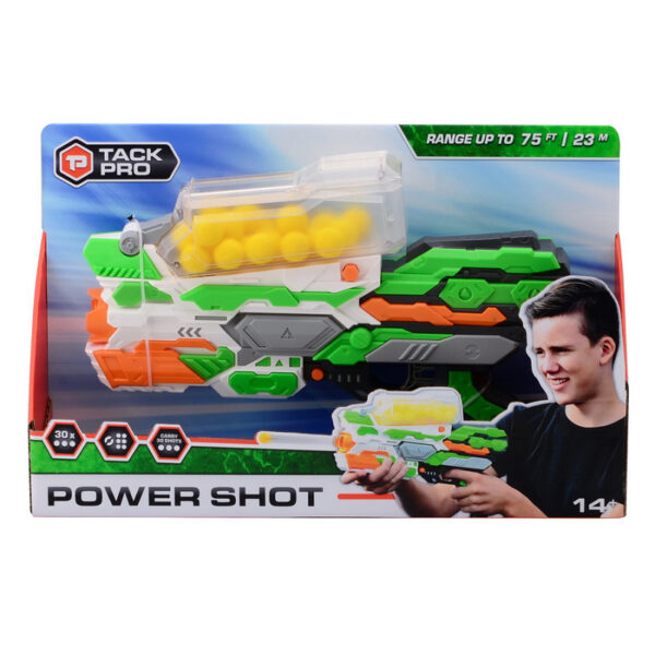 Tack Pro Power Shot I met 30 ballen 36 cm. 42 31042 De <strong>Tack Pro Power Shot I</strong> is de ideale shooter voor sportliefhebbers van alle leeftijden! Deze handige shooter wordt geleverd met <strong>30 foam ballen</strong>, perfect voor een scala aan actieve spellen en trainingen. Met een indrukwekkend bereik van bijna <strong>23 meter</strong> kun je je schietvaardigheden naar een hoger niveau tillen en genieten van een dynamische speelervaring. Of je nu traint voor een sport, een leuk spel speelt met vrienden of gewoon je coördinatie wilt verbeteren, de Tack Pro Power Shot I is een geweldige keuze. Het gebruiksvriendelijke ontwerp maakt het eenvoudig om te gebruiken, zodat zowel beginners als ervaren spelers er volop van kunnen genieten. De foam ballen zijn veilig in gebruik, waardoor ze perfect zijn voor binnen- en buitenspeelplezier.